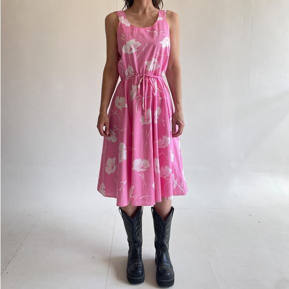 Vtg 80s Pink Floral Sleeveless Sun Dress Pleated Flared MARLENE Sz M/L Retro - Picture 1 of 9